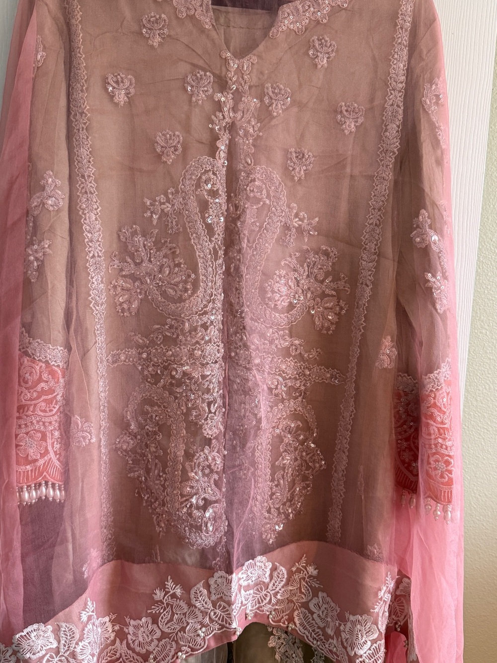Sana Safinaz Beige 3-Piece Suit, Size XL Crystal & Pearl Embellished - Picture 10 of 17